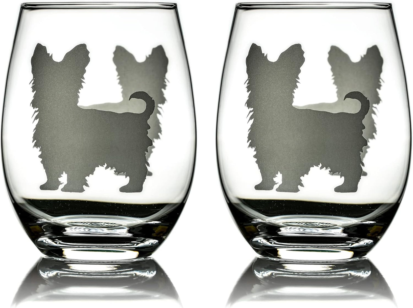 Yorkshire Terrier Stemless Wine Glasses (Set of 2) - Unique Gift for Dog Lovers - Hand Etched with Breed Name on Bottom