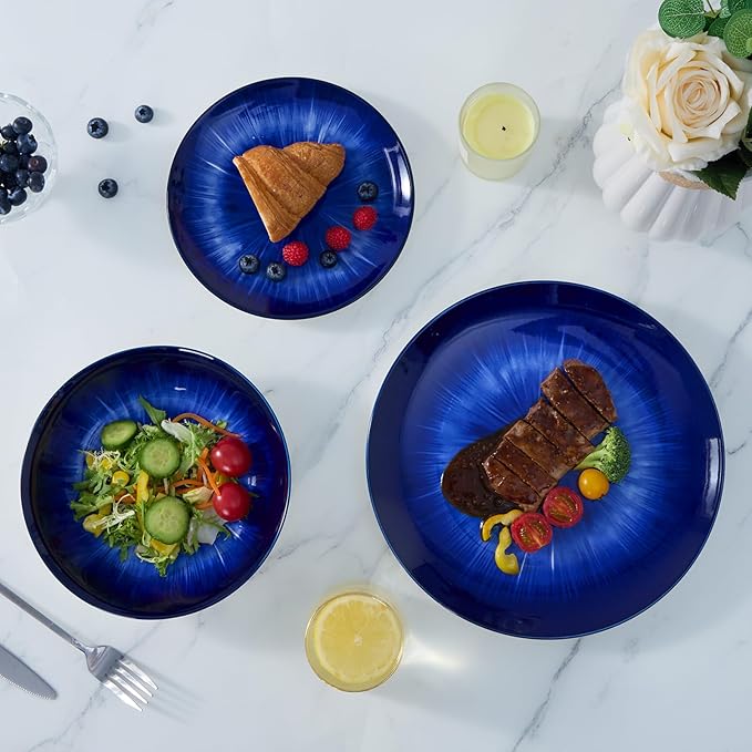Bestone Porcelain Dinnerware Sets Service for 4, 12 pcs Hand drawn Plates and Bowls Sets, Handmade Ceramic Dish Set, Chip Resistant Modern Plate Set, Dishwasher/Microwave Safe，Dark Blue