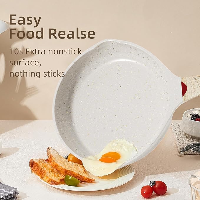 Caannasweis Nonstick Granite Frying Pan Skillet, Non Stick Omelette Fry Pans, Omelet Egg Pan, Stone Cookware Chef's Pan, Induction Compatible, PFOA Free (Beige, 3 Pcs)