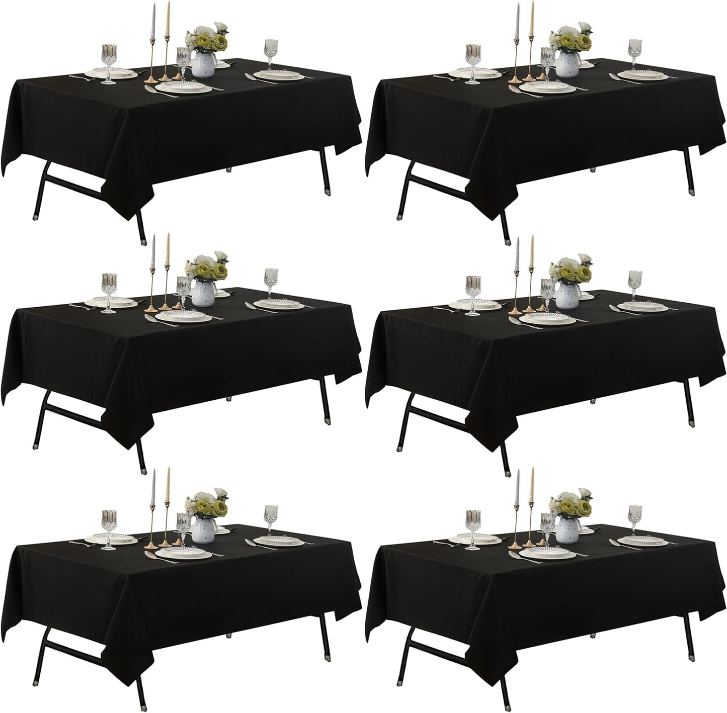 6-Pack 60x84 inch Black Table Cloths, Solid Stain and Wrinkle Resistant Oblong Tablecloth, Premium Plain Weave Polyester Fabric Rectangle Table Linen Covers for Hotel, Banquet