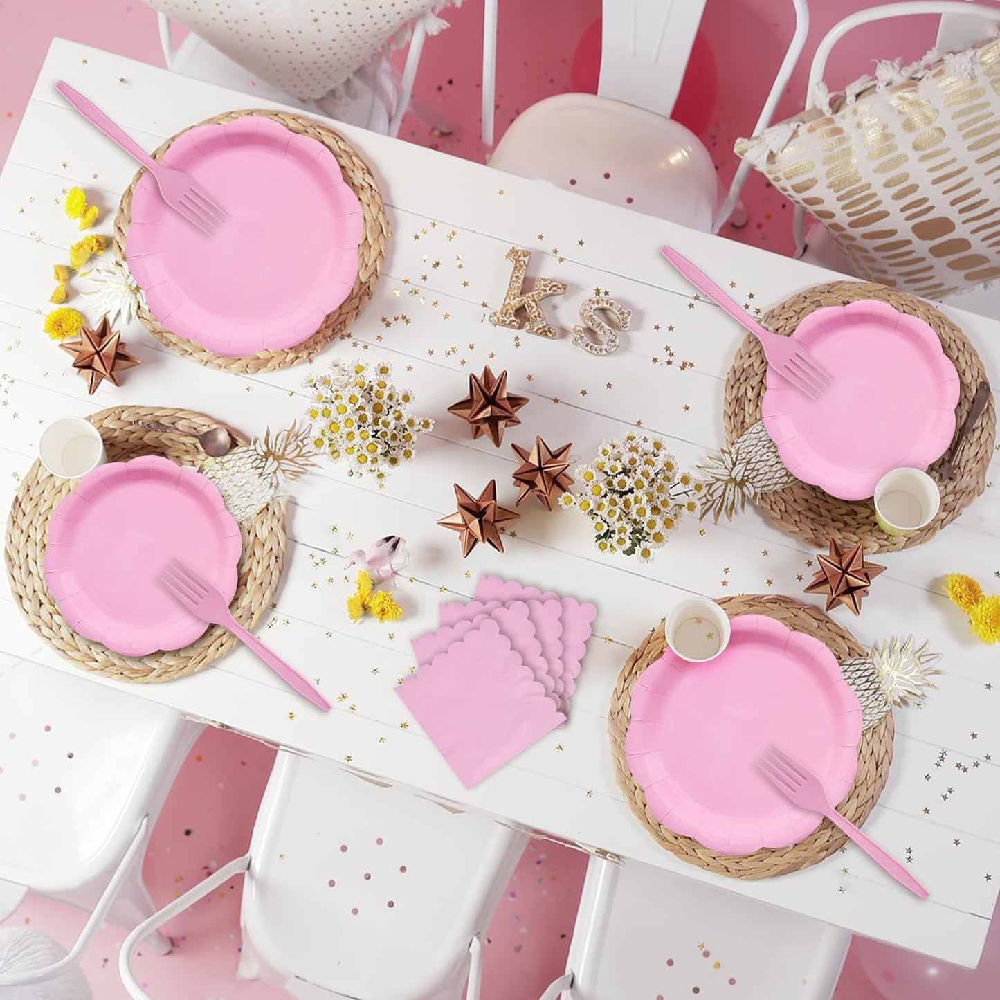96 Pieces Pink Scalloped Tableware Set Party Supplies – Solid Color Disposable Dinnerware with Paper Plates, Napkins, and Forks for Girls Birthday, Baby Showers, Tea Parties – Serves 24