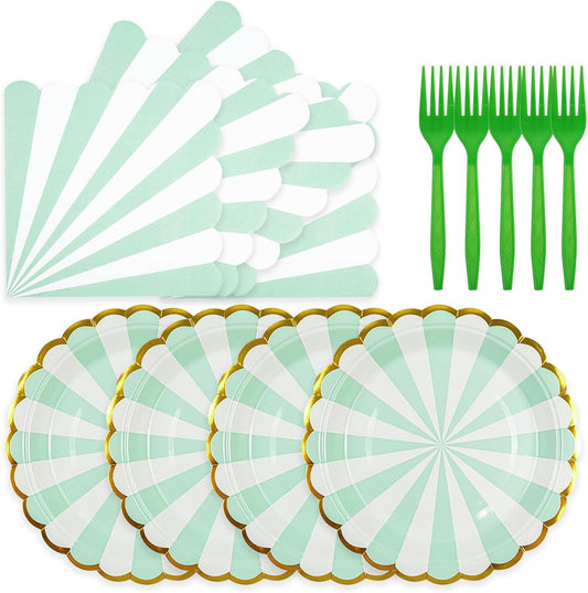 72PCS Sage Green Paper Plates and Napkins Party Supplies, Gold Foil Edge Scalloped Striped Plates Napkins Disposable Tableware Set for Birthday Wedding Baby Shower Party Decoration (Green)