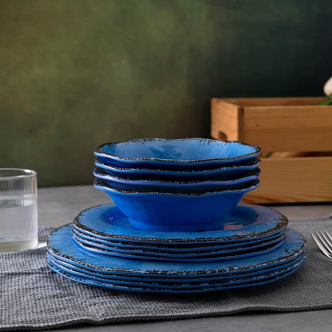 LEHAHA 12 Piece Melamine Dinnerware Set BPA Free Farmhouse Outdoor Dishes Set for 4, A Light Weight and Unbreakable Rustic Plate Bowl Set for Patio, RV and Camping