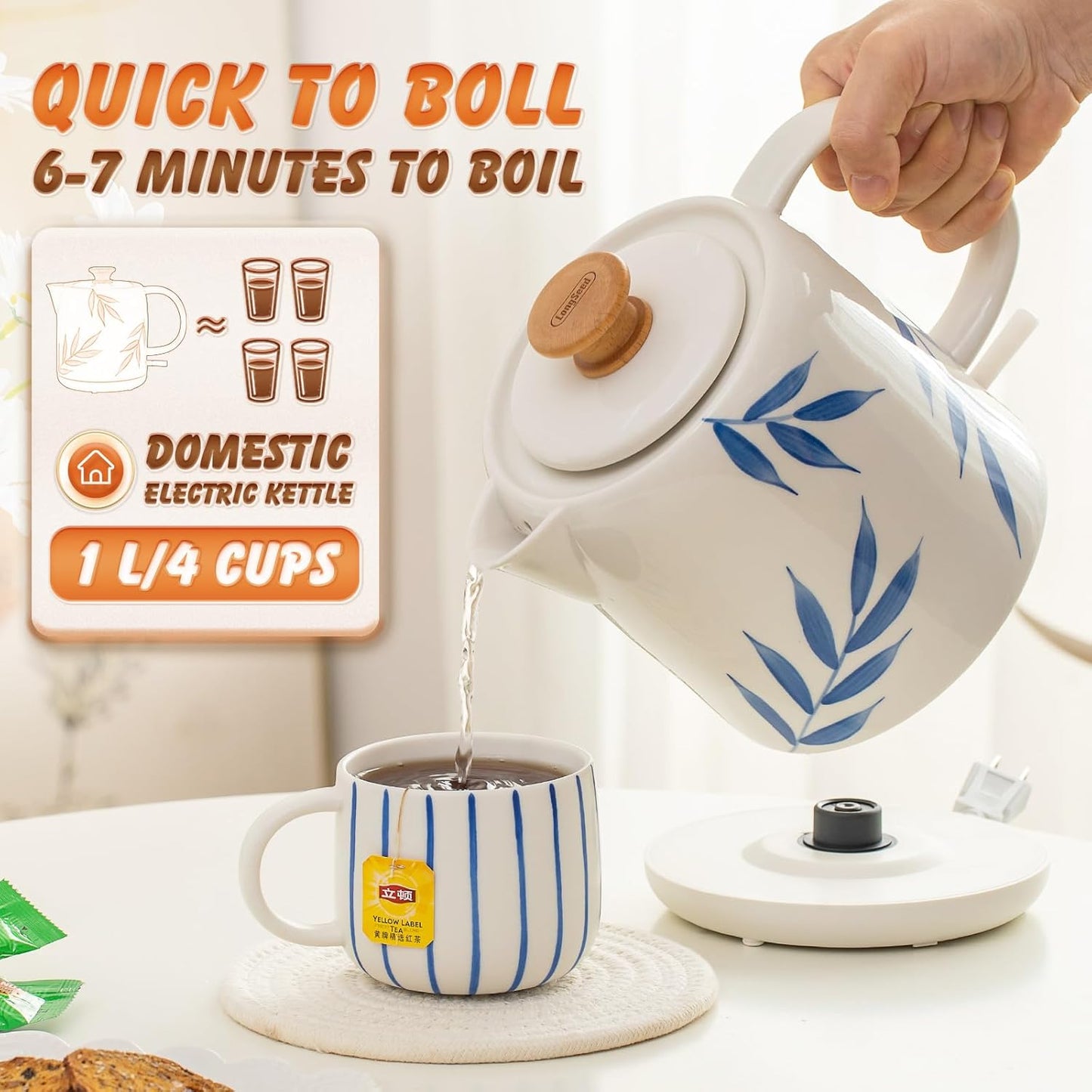 1.0-Liter Ceramic Electric Kettle, 1000W Rapid Boil, Tea Kettles Pot & Hot Water Boiler For Coffee & Tea, Teapot Auto Shut-Off, Boil-Dry Protection