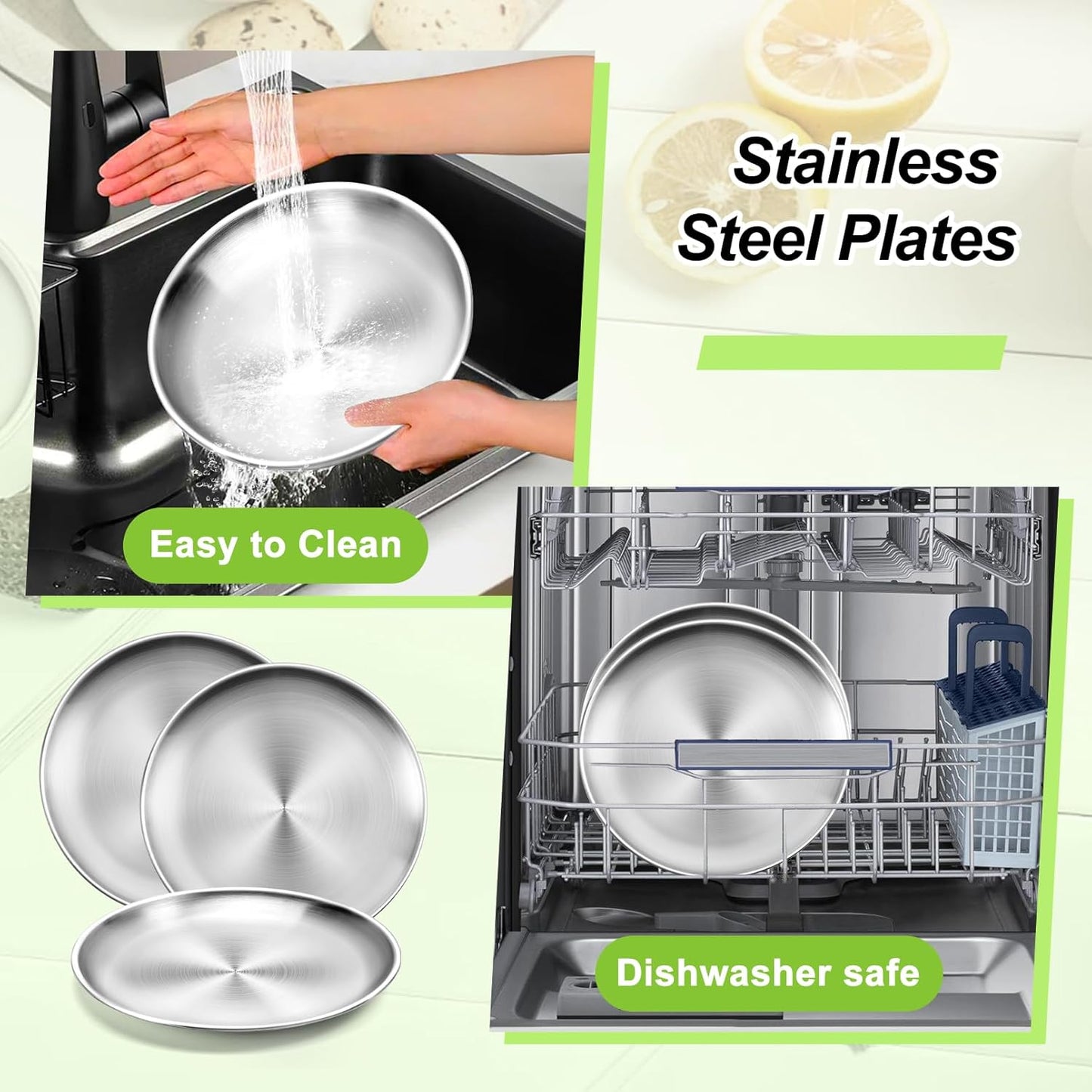 Jeffbaubl 10 Pack Stainless Steel Plates,7.8 Inch Round Salad Plates, Unbreakable Metal 304 Dinner Dishes,Lightweight Feeding Serving Camping Plate, Reusable and Dishwasher Safe