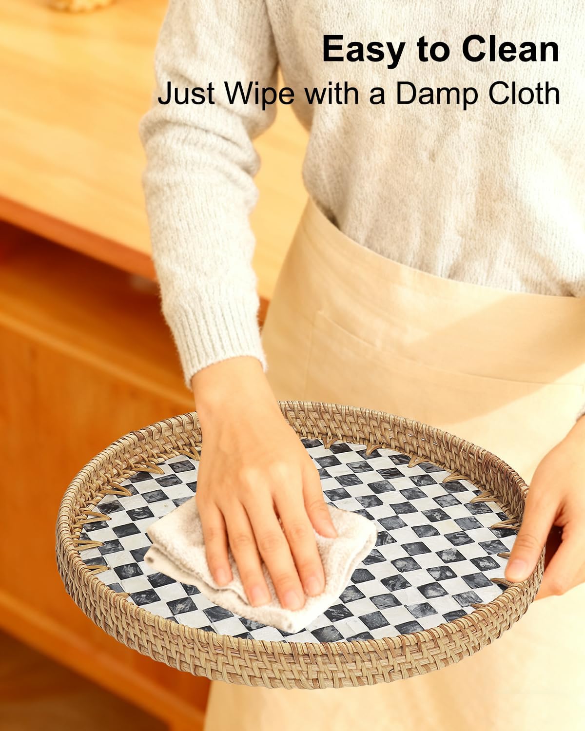 Round Rattan Tray with Mother of Pearl Inlay, Decorative Serving Tray with Wooden Base, Woven Wicker Tray for Coffee, Bread, Fruits, Home Decor(Black Checkerboard, 11.8")