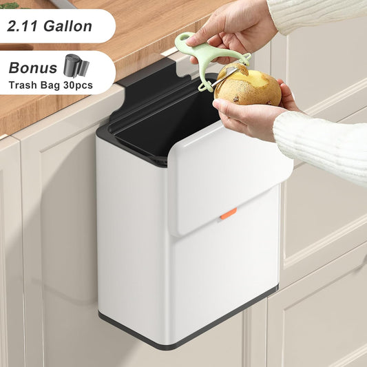 Mbillion Kitchen Compost Bin Hanging Trash Can with Lid 2.1 Gallon Stainless Steel Garbage Can for Kitchen Cabinet Door Mounted Trash Can Under Sink Door RV Bathroom,White