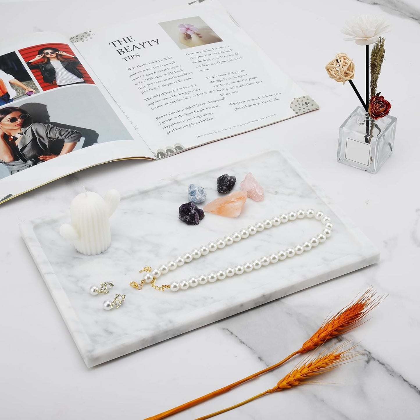 Real Luxurious Natural Marble Tray - 12x8 Inch Marble Vanity Tray for Perfume Display, Jewelry Organizer, Bathroom & Home Decor -Heavy Duty Non-Slip Stone Tray (Non-Resin/Non-Ceramic)