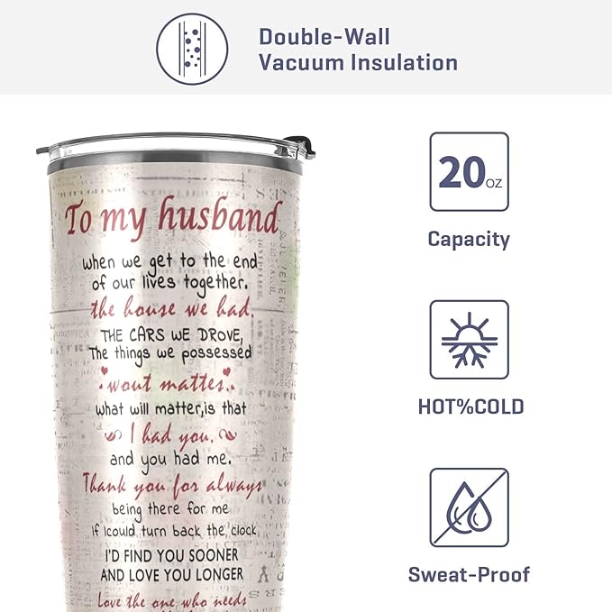 JUDIAN Gift For Husband From wife Valentines Day Gift for Husband Birthday Gift for Husband Wedding Gift Couple's mug 20oz Tumbler Travel Coffee Mug