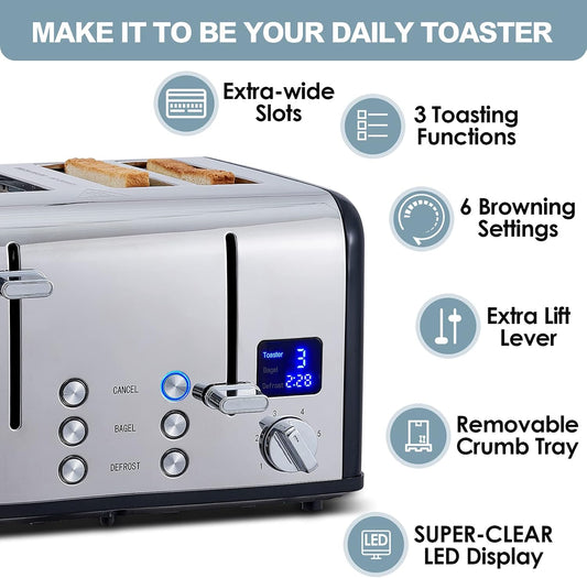 CUSIMAX 4 Slice Toaster, Stainless Steel, Ultra-Clear LED Display & Extra Wide Slots, with Dual Control Panels of 6 Shade Settings, Cancel/Bagel/Defrost Function, Removable Crumb Trays, Black