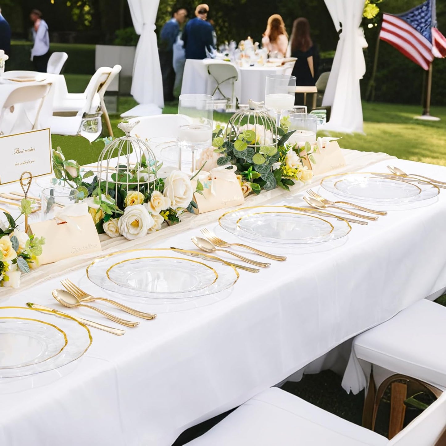 EI 150pcs Clear Plastic Plates with Gold Plastic Silverware,Disposable Plate Heavy Duty,Clear and Gold Dinnerware Set,Elegant Plates for Party,Wedding,Afternoon Tea,Birthday