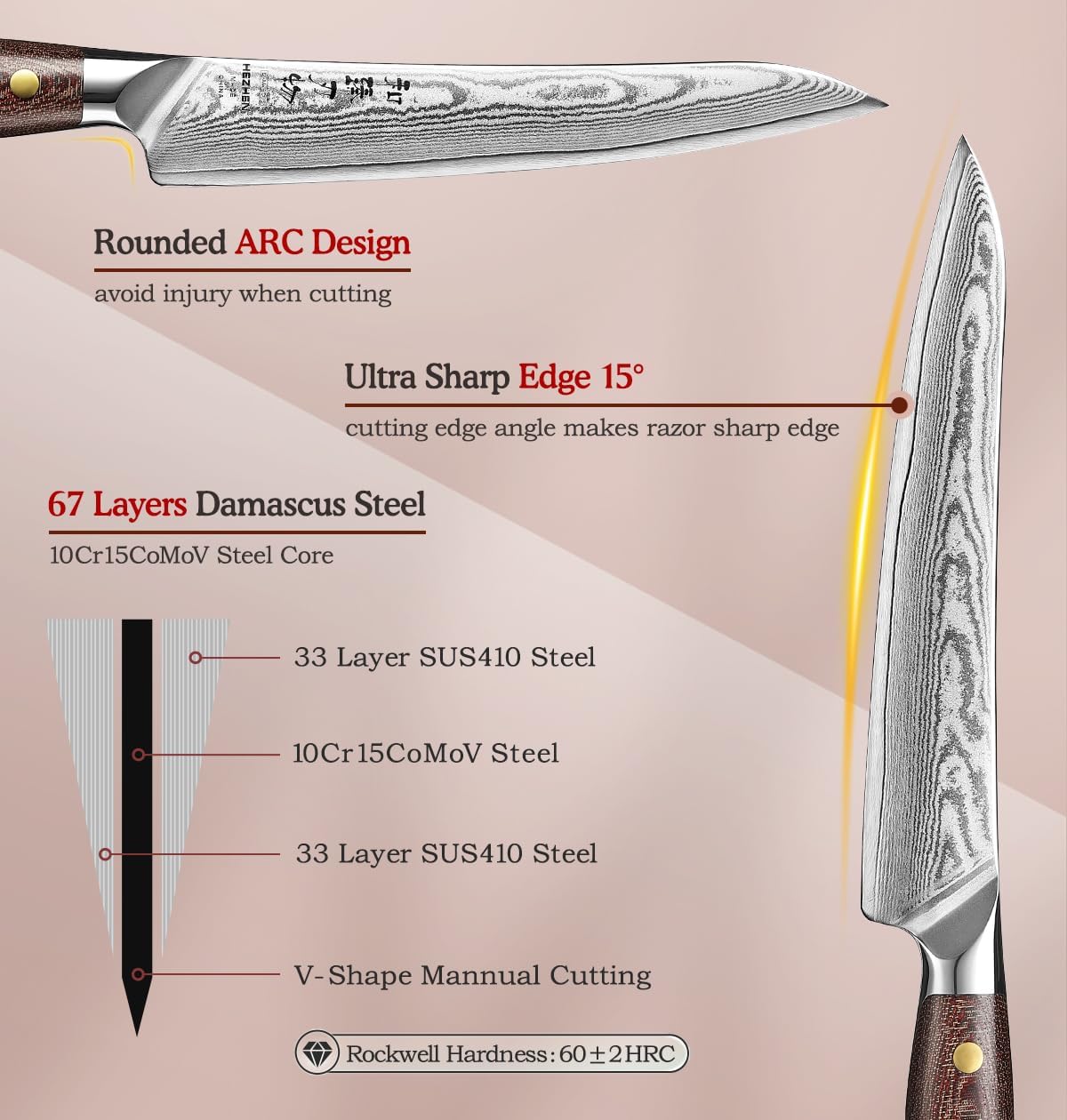 HEZHEN Carving Knife, 67 Layers Damascus Steel BBQ Slicing, 8.3 Inches, Professional Brisket Slicing Meat Knife, Ergonomic Micarta Handle, Gift Packing