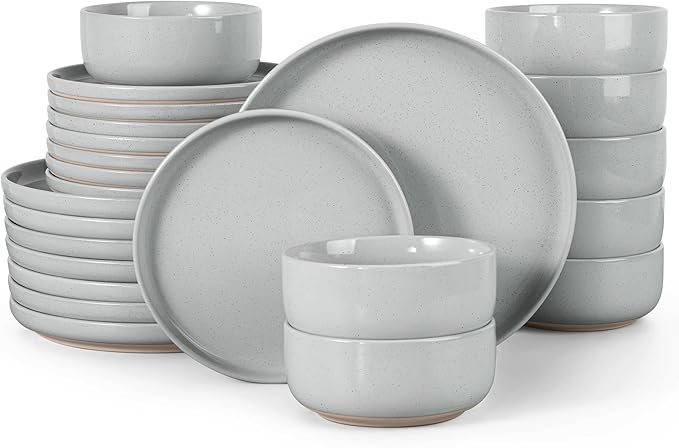 HaWare Stoneware Dinnerware Sets, 24-Piece Plates and Bowls Set for 8, Dishes Set for Home Restaurant, Speckled Misty Grey