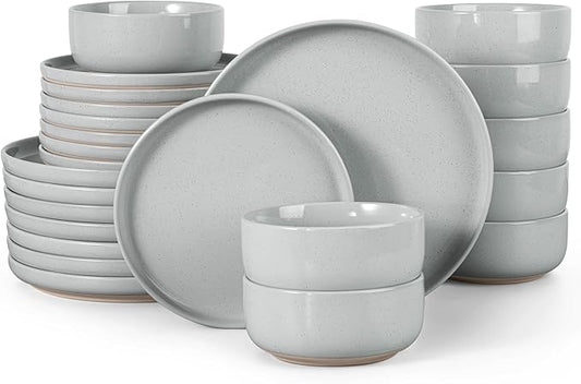 HaWare Stoneware Dinnerware Sets, 24-Piece Plates and Bowls Set for 8, Dishes Set for Home Restaurant, Speckled Misty Grey