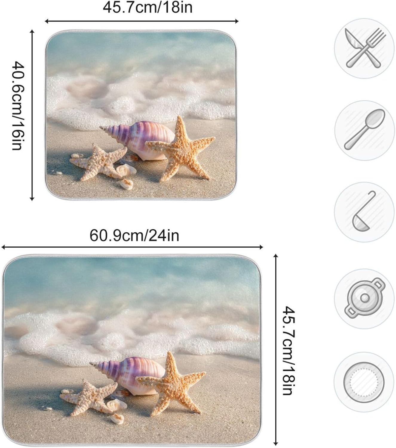 Beach Sand Seashells Starfish Dish Drying Mat for Kitchen Counter Super Absorbent Dishes Pad Reversible Microfiber Protector Dish Draining Mats 16x18 inch