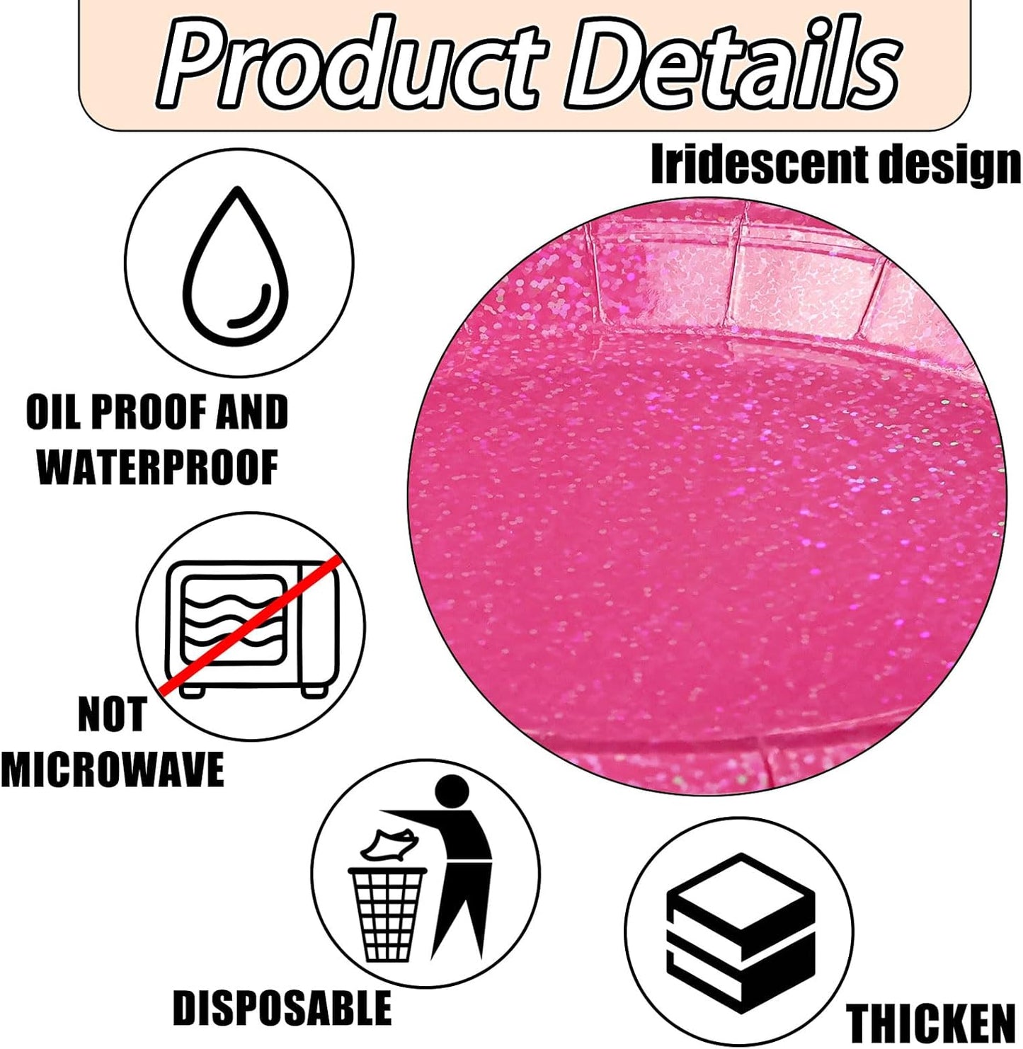 50 Pcs Iridescent Hot Pink Paper Plates 25 × 7'' and 25 × 9'' Disposable Pink Shiny Holographic Foil Dinner Plates for Wedding Baby Shower Birthday Disco Party Glitter Dessert Plate