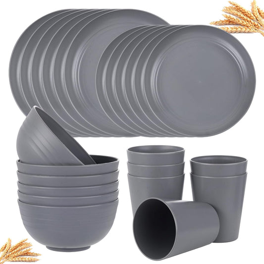 Supernal Wheat Straw Dinnerware Sets,Unbreakable Dinner Plates for 6,Microwave Dishwasher Safe,Reusable Dinnerware,Dark Gray Set 12pcs Plates, 6pcs Bowls, 6pcs Cups