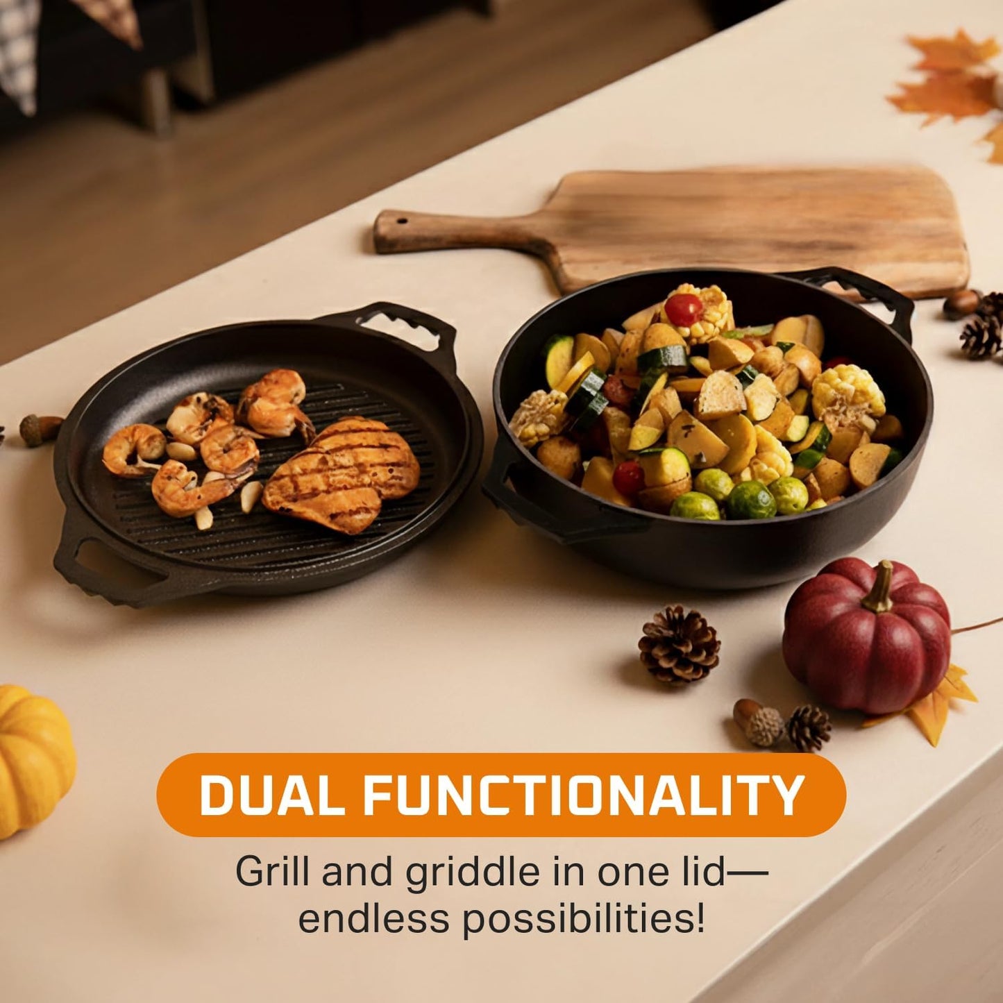 Bruntmor 2-in-1 Pre-Seasoned Cast Iron Dutch Oven with Dual Handles, Cocotte Double Braiser Pan with Grill Lid 3.3 Quarts - BBQ Grill, Fryer - Outdoor Cookware Set with Dual Handles, Camping,- Black