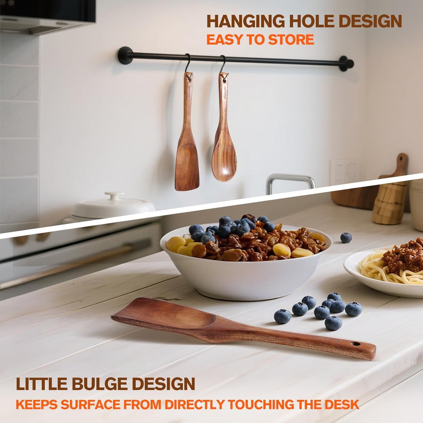 Wooden Spoons for Cooking, Wooden Utensils for Cooking Natural Teak Wooden Kitchen Utensils Set Comfort Grip(2 PCS)