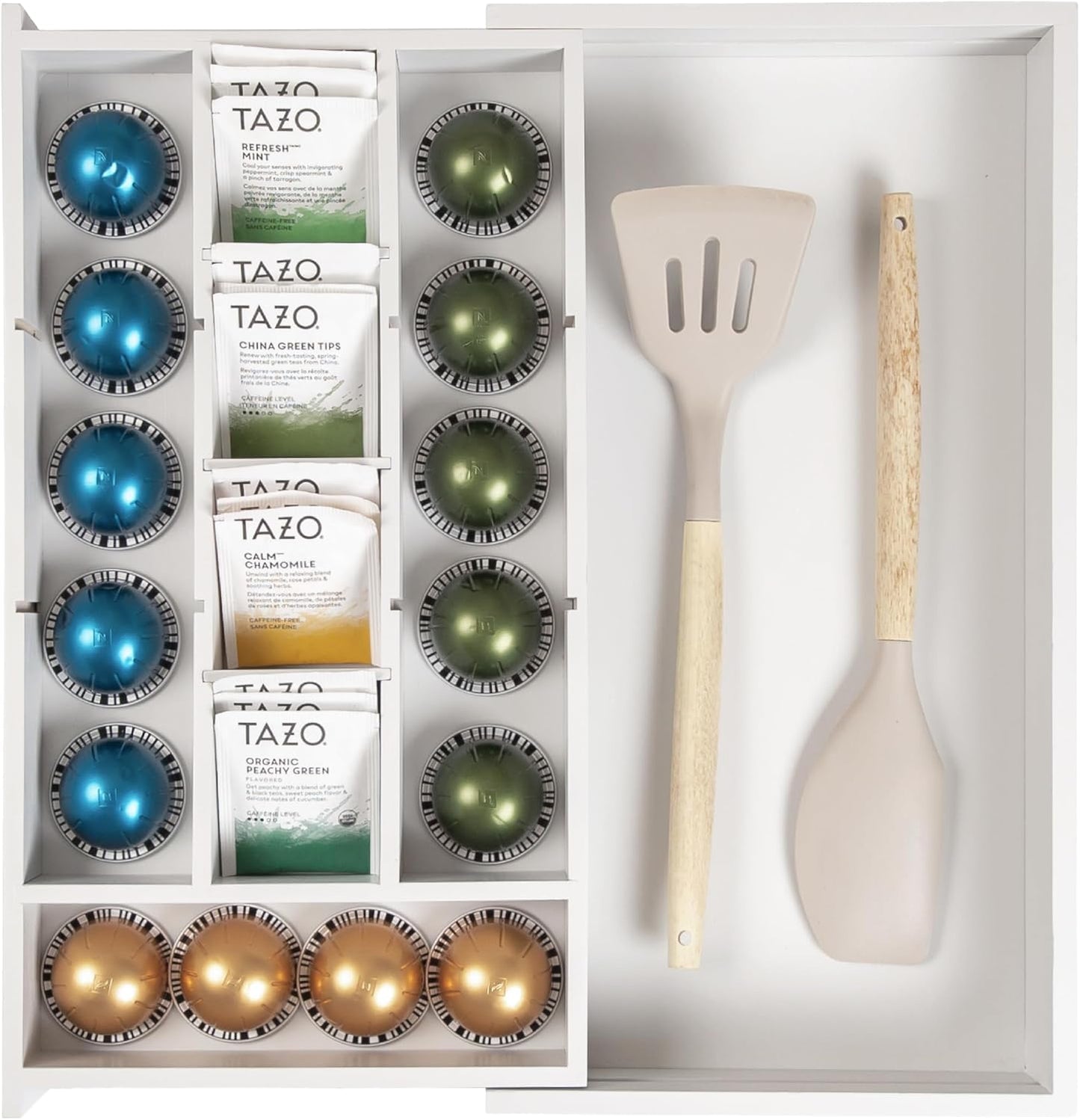 KitchenEdge Tea Bag and Coffee Pod Kitchen Drawer Organizer, Expandable 9.7 to 17 Inches, 10 Storage Compartments, Adjustable Wall Inserts, Non-Slip Feet, Food-Safe White Finish, 100% Bamboo Wood