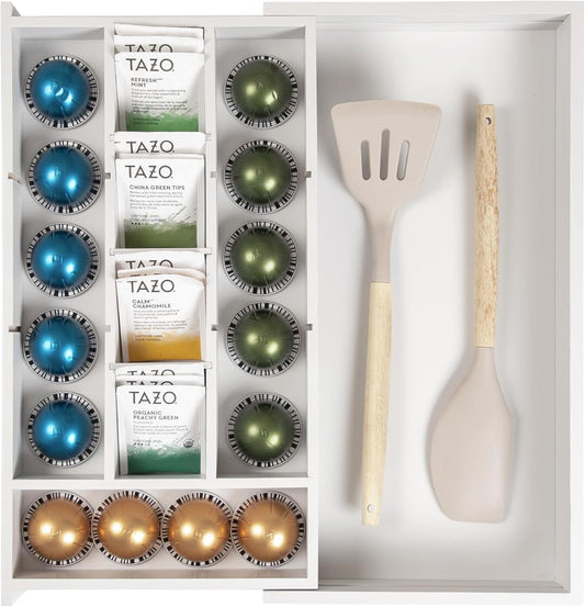 KitchenEdge Tea Bag and Coffee Pod Kitchen Drawer Organizer, Expandable 9.7 to 17 Inches, 10 Storage Compartments, Adjustable Wall Inserts, Non-Slip Feet, Food-Safe White Finish, 100% Bamboo Wood