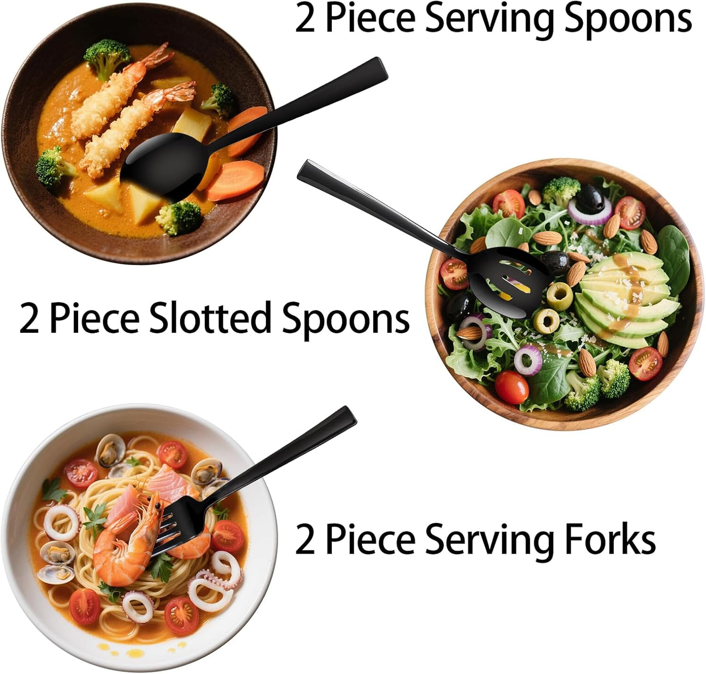 10 Piece Serving Utensils, Amafox Stainless Steel Utensils Set Include Large Spoons, Slotted Spoons, Forks,Appetizer Tongs 9'', Cake Server,Butter Knife, for Buffet Catering Banquet Party(Black)