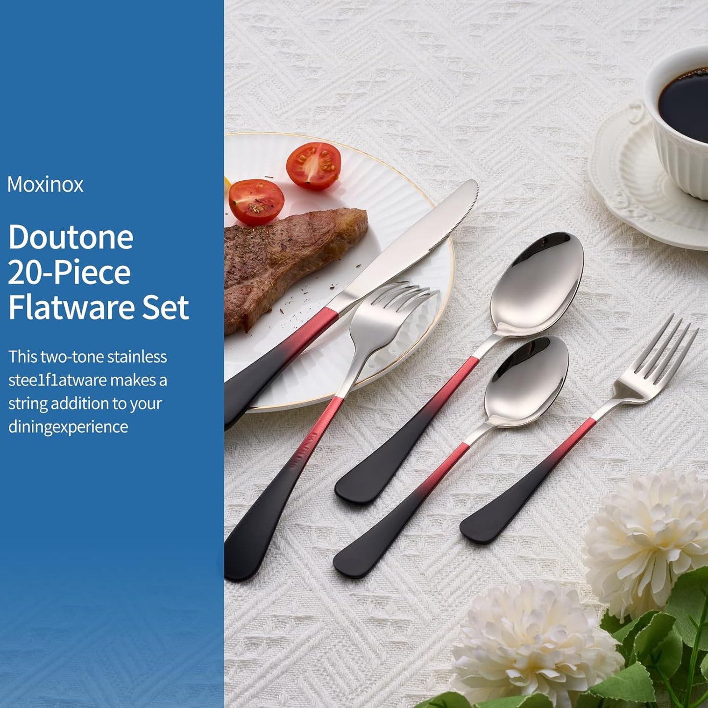 20-Piece Black Red Silverware Set, 18/0 Stainless Steel Colorful Handle Flatware Set,Service for 4,Modern Cutlery Set Includes Dinner Knives Forks Spoons,Mirror Polished,Dishwasher Safe