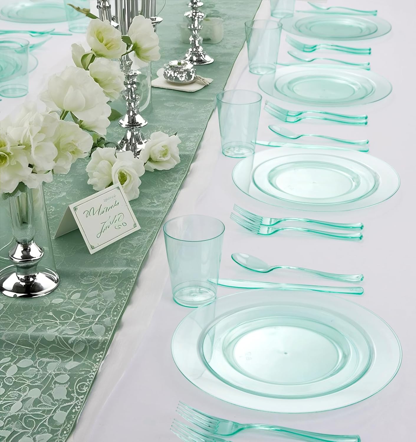 WDF 180 Pieces Green Plastic Silverware Disposable - Clear Green Cutlery Sets 60 Forks, 60 Knives and 60 Spoons - Heavy Duty Plastic Utensils for Party, Summner