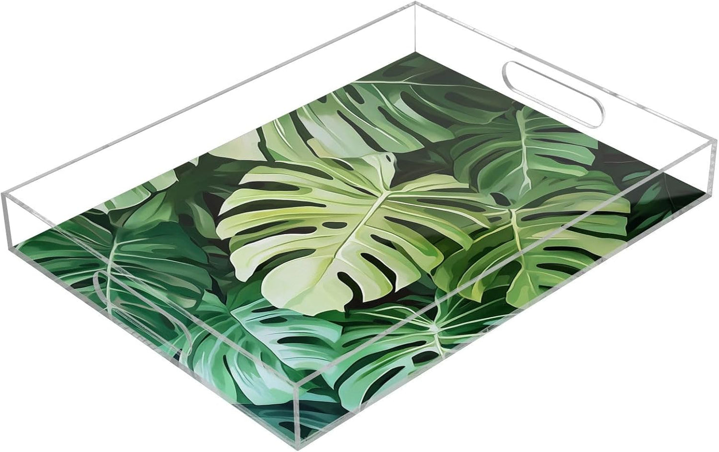 Acrylic Serving Tray with Handles Spill Proof Kitchen Storage Tray Clear Decorative Tray Makeup Drawer Organizer Storage Tray for Bathroom Living Room Ottoman 15.7x11.8Inches