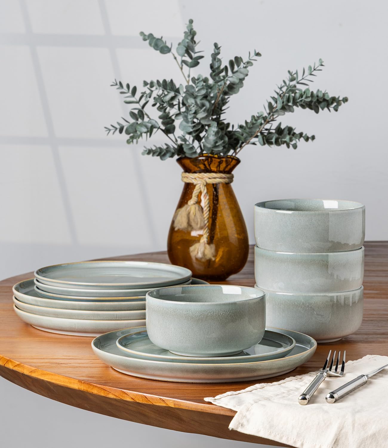 TheTerra Ceramic Dinnerware Sets for 4, 12 Pieces Handmade Reactive Glaze Plates and Bowls Set, Scratch Resistant Dish Set, Oven & Microwave & Dishwasher Safe, Sea Foam