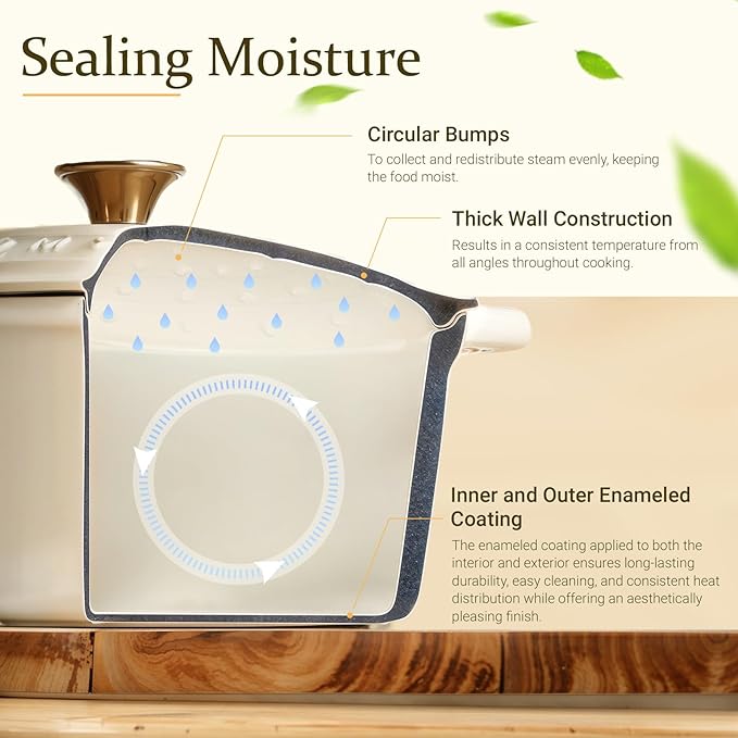 Overmont Enameled Cast Iron Dutch Oven - 5.5QT Pot with Lid Cookbook & Cotton Potholders - Heavy-Duty Cookware for Braising, Stews, Roasting, Bread Baking Cream White