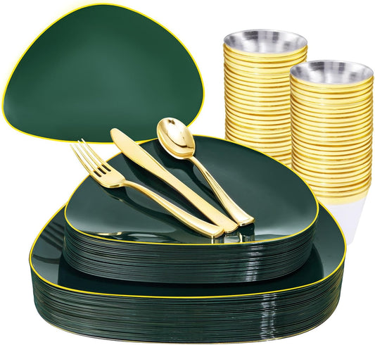 DaYammi 180Pcs Green Plastic Plates, Green Gold Disposable Plates with Gold Silverware Dinnerware Set Include: 30 Dinner Plate,30 Dessert Plate,90 Plastic Cutlery,30 Cups for Party or Holiday parties