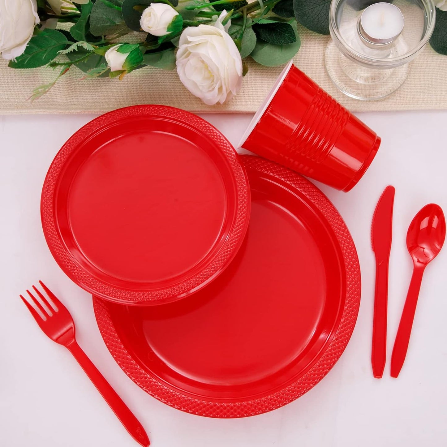 WELLIFE 210Pcs Red Plastic Plates, Disposable Dinnerware Set, Party Supplies Including Red plates, 12oz Cups, plastic Cutlery and Napkins Serve 30 Guests, Plastic Plates for Party