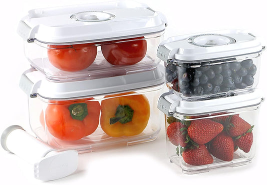 PrepSealer Food Storage Vacuum Container 4-piece Container with Maunal Pump, BPA free, Tritan, Keep food and ingredients fresh up to four times longer than conventioal storeage.