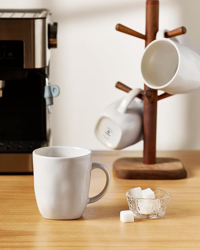 famiware Coffee Mugs Set of 4, Ocean Square 13oz Coffee Cup Set with Handle for Cocoa, Milk, Hot Chocolate, Tea, Water, Stoneware Cups for Kitchen, Microwave and Dishwasher Safe, Matte White