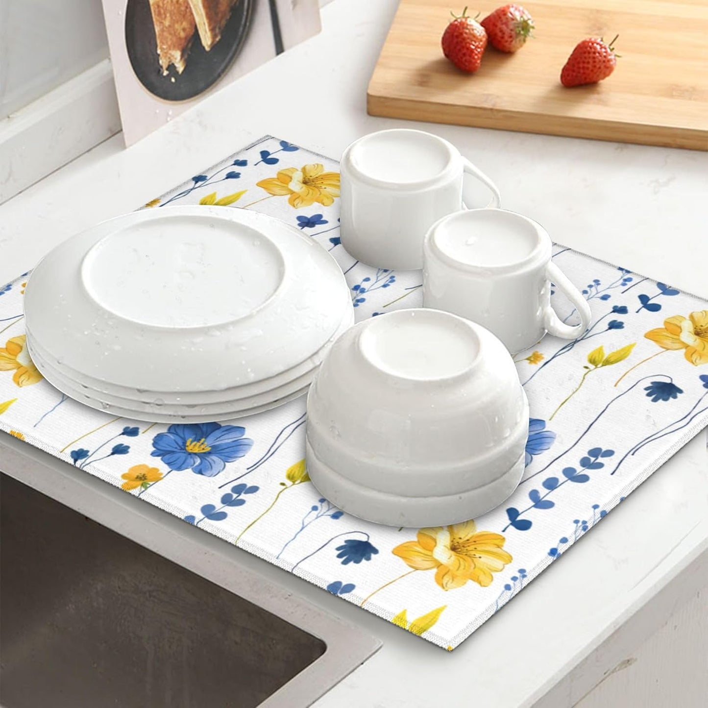 Navy Blue Yellow Flower Dish Drying Mat for Kitchen Counter Watercolor Floral Decorative Dish Drainer Rack Mats 16"x18" Absorbent Reversible Drying Pad