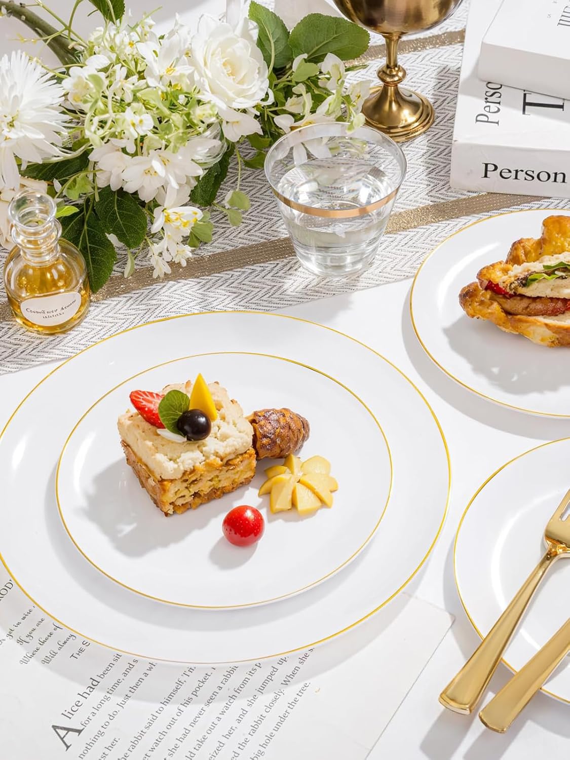 WDF 150Pcs White and Gold Plastic Plates - Gold Plates Disposable - 25guest Disposable Dinnerware Include 25 Dinner Plate, 25 Dessert Plate, 25 Cutlery & 25 9oz Cups for Wedding & Thanksgiving Party