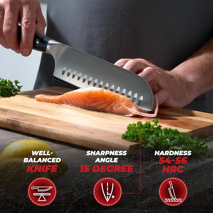Santoku Knife 7 Inch – Ultra Sharp High Carbon Stainless Steel Kitchen Knife, Professional 7” Santoku Knife with Ergonomic Handle for Home & Restaurant, Culinary Cooking Knife