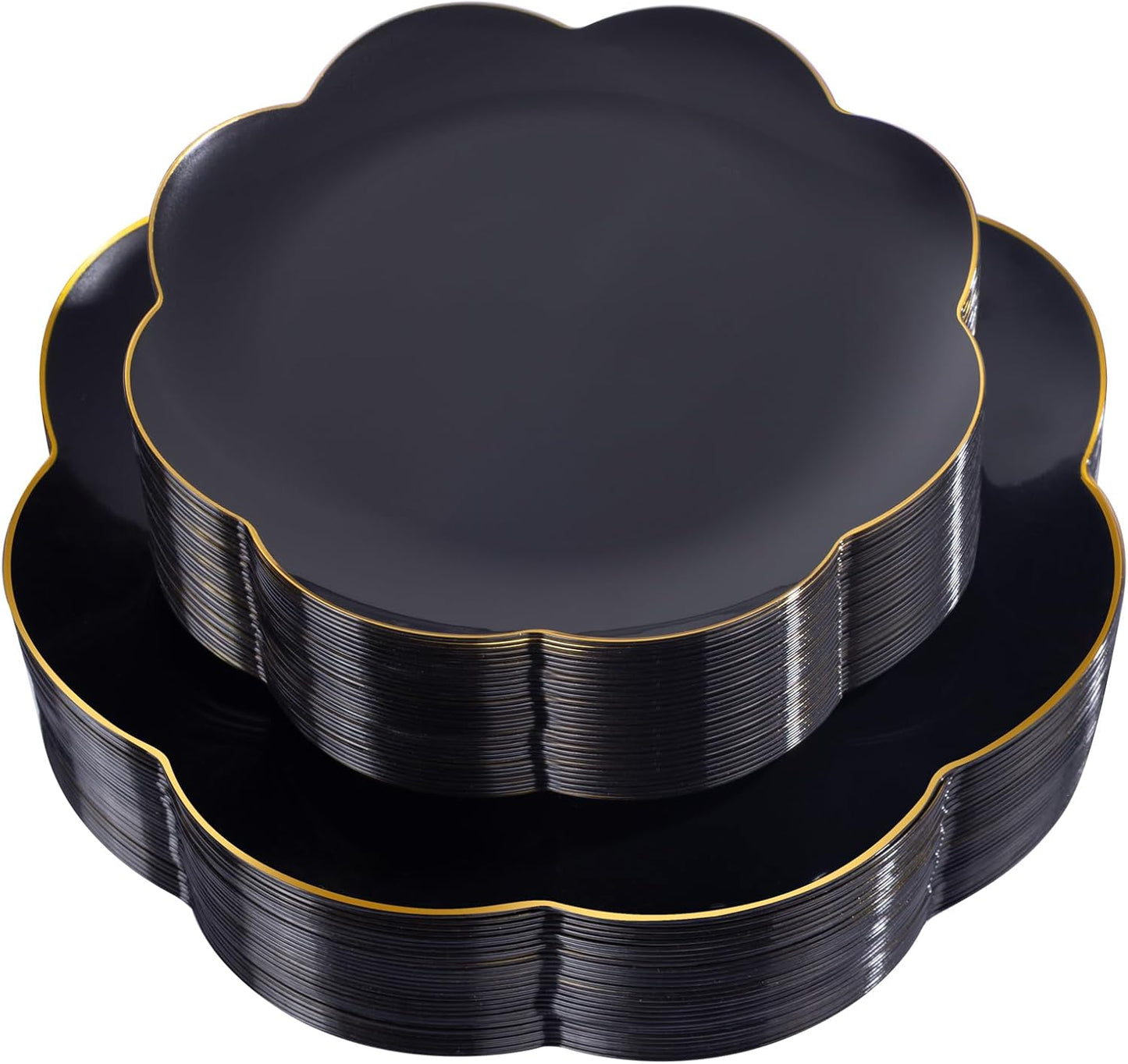 60pcs Black Disposable Plates with Gold Rim Heavy Duty Scalloped Plastic Birthday Plates Wedding Disposable Dinnerware Includes: 30 Dinner and 30 Dessert Plate,Perfect for Party Ceremony and Camping