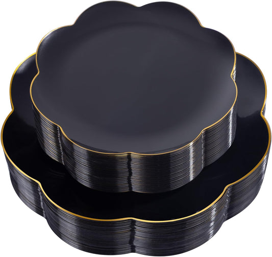 60pcs Black Disposable Plates with Gold Rim Heavy Duty Scalloped Plastic Birthday Plates Wedding Disposable Dinnerware Includes: 30 Dinner and 30 Dessert Plate,Perfect for Party Ceremony and Camping