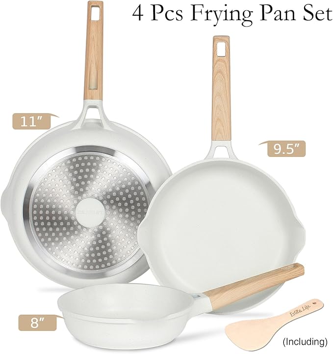ESLITE LIFE Frying Pans Set Nonstick Skillets Set Egg Omelette Pans, Healthy Ceramic Coating Cookware Chef's Pan, Compatible with All Stovetops (Gas, Electric & Induction), PFOA Free (White,4-Piece)