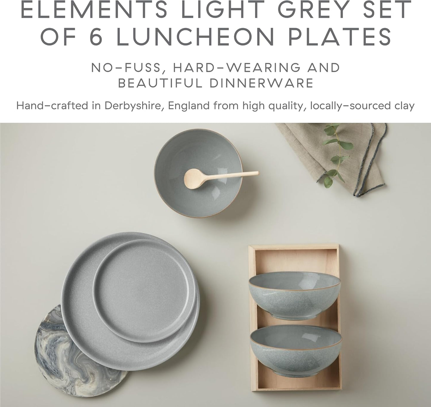 Denby - Elements Light Gray Coupe Salad Plates Set of 6 - Dishwasher Microwave Oven Safe - Scratch Chip Resistant Lunch, Appetizer, Dessert Plates - 8.25 Inch Ceramic Stoneware Dinnerware Set