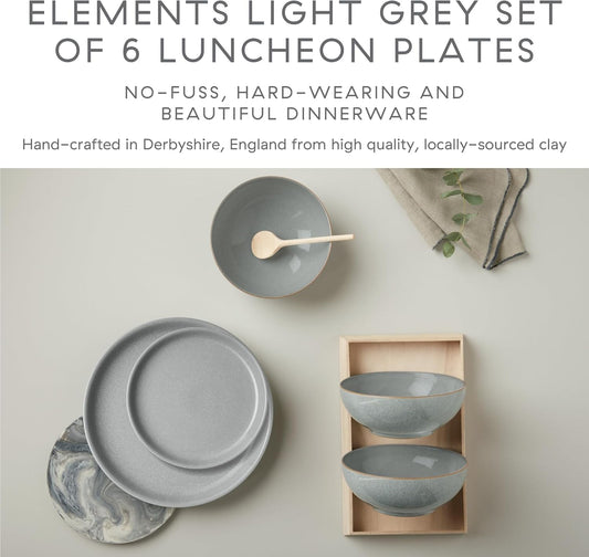 Denby - Elements Light Gray Coupe Salad Plates Set of 6 - Dishwasher Microwave Oven Safe - Scratch Chip Resistant Lunch, Appetizer, Dessert Plates - 8.25 Inch Ceramic Stoneware Dinnerware Set