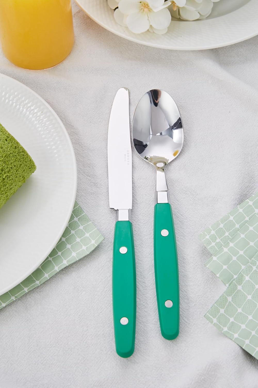 ANNOVA Silverware Set, Retro/Rivet Colorful Stainless Steel Tableware Kitchen Flatware Set Utensils, Includes Dinner Knives, Forks, Spoons, Salad Forks & Dessert Spoons (Green, 20 Pieces)