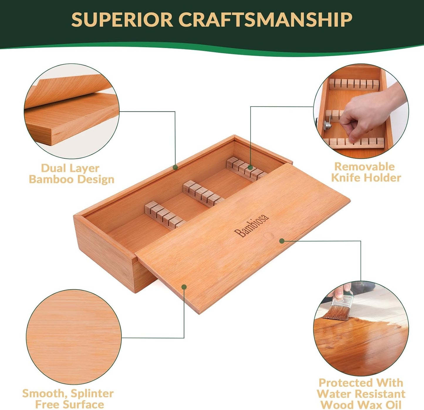 Kitchen Drawer Knife Organizer, Kid Safe Combination Lock Knife Drawer Organizer, Double Layer Bamboo Board, Includes Bamboo Tongs and Cleaning Cloth (Knives Not Included)