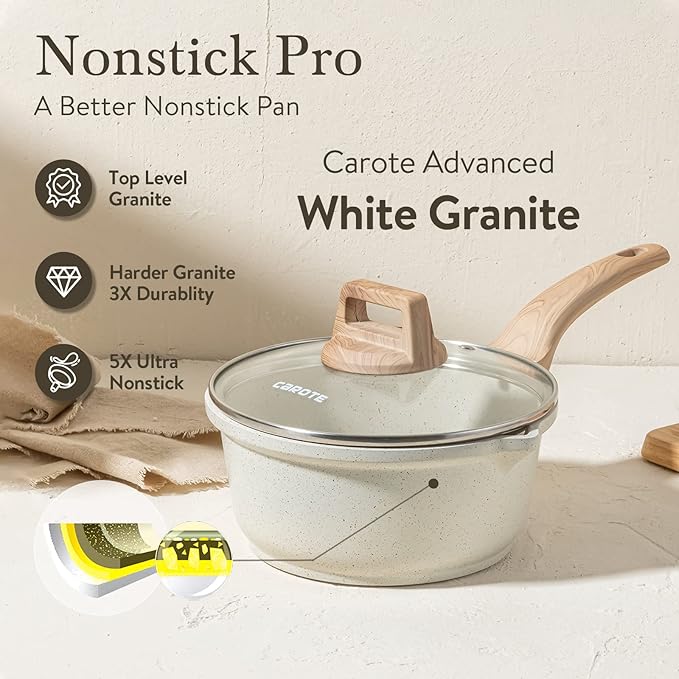 CAROTE 2Qt Sauce Pan Sets with Lid Cooking Pots Nonstick Saucepans Cookware Set with Pour Spout Small Kitchen Pot, Induction Comptable, Easy to Clean, PFOA FREE (White Granite)