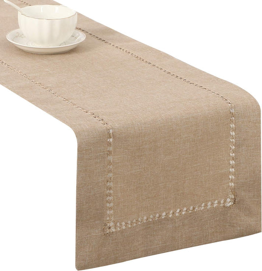 Tosewever Decorative Hemstitch Linen Table Runner Farmhouse Style Tabletop Collection Handcrafted Table Runners for Everyday Dining Wedding Party Holiday Home Decor (14 x 72 Inches, Light Coffee)