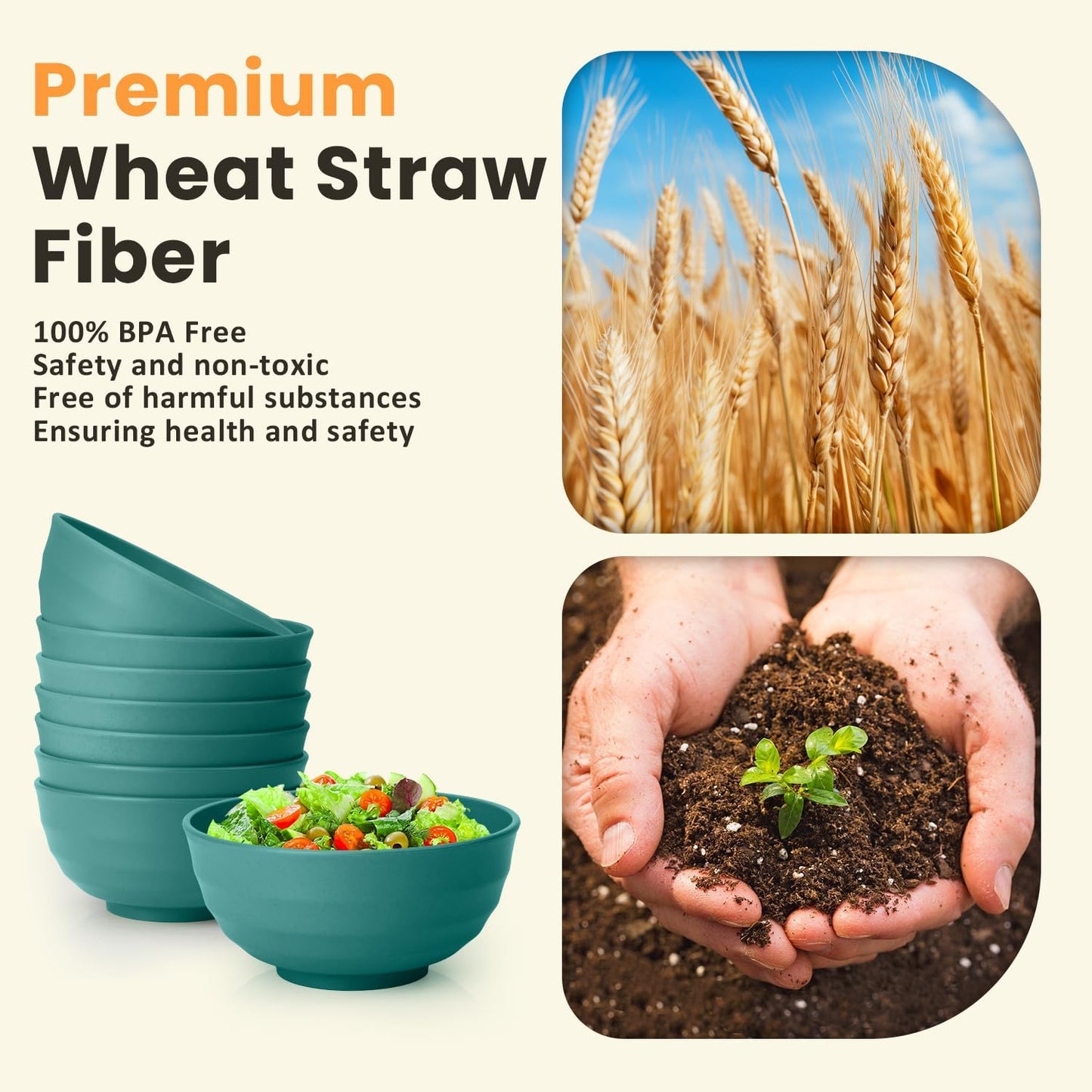 Homienly Wheat Straw Large Bowls, 60 OZ Salad Bowls Set of 8, Unbreakable Large Serving Bowl for Kitchen, Camping, Microwave and Dishwasher Safe Big Plastic Bowl Set Reusable-Green