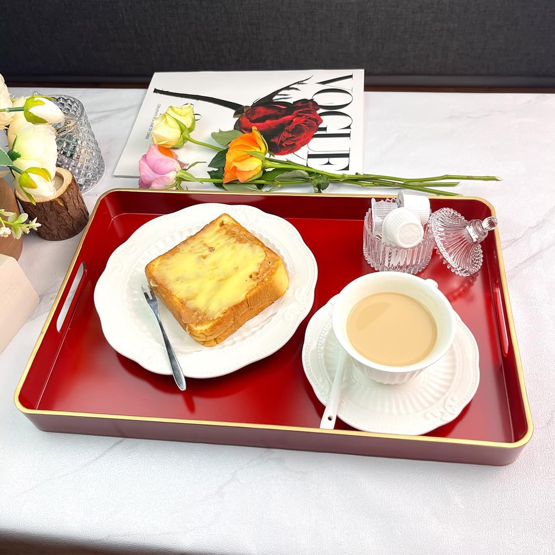 Red Decorative Tray, Serving Tray with Handles, Plastic Rectangular Tray for Ottoman, Coffee Table, Bathroom, Living Room. 15.7"*10.2"