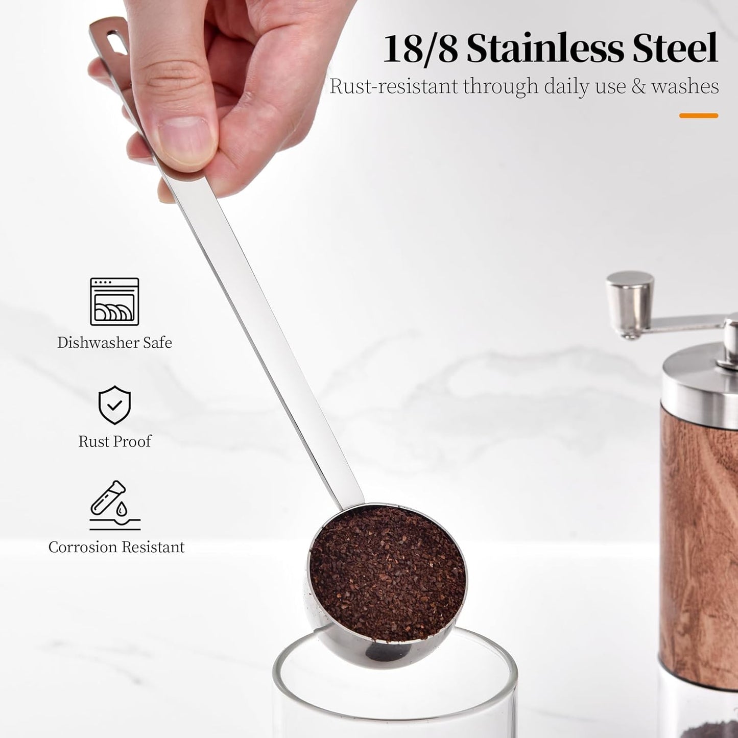Long Handle Coffee Scoop: 8.6 Inch 18/8 Stainless Steel 2 Tablespoon Metal Measuring Spoon Tbsp Scoop for Coffee Beans, Grounds Coffee, Coffee Powder, Tea, Tall Jars (2Tbsp/30ml)